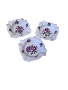Antique Floral Bouquet Ashtray Maker Mark Victoria Czechoslovakia Set Of 3